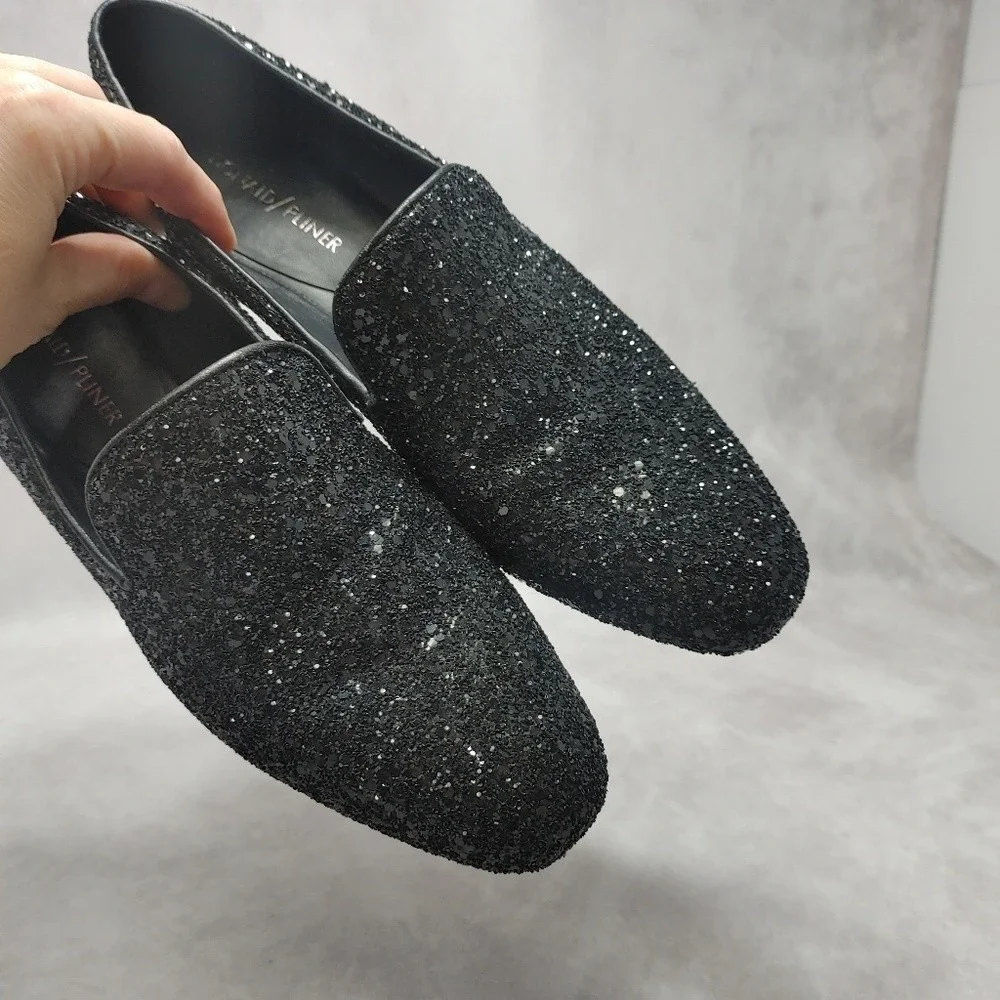 DONALD J PLINER Lyle Loafer‎ Glitter Smoking Slippers Flats Black Leather 7